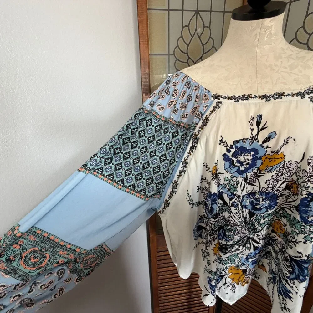 Free People Positano Printed Peasant Top Boho Prairie Cottage Flowy Size M